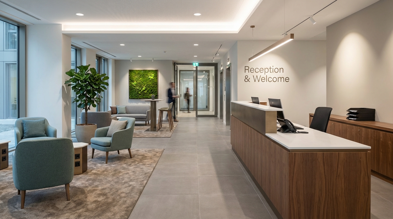Empfangsbereich gestalten: Architektur, Möbel, Licht & Akustik für ein einladendes Foyer