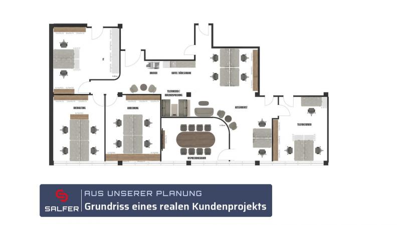 Büroplanung Grundriss eines Bürogeschosses mit Möblierung
