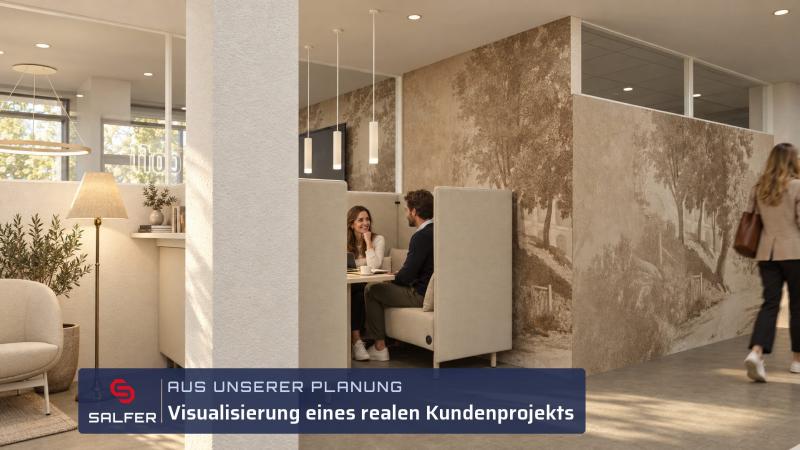Büroplanung Visualisierung Akustik-Sitznischen im Großraumbüro