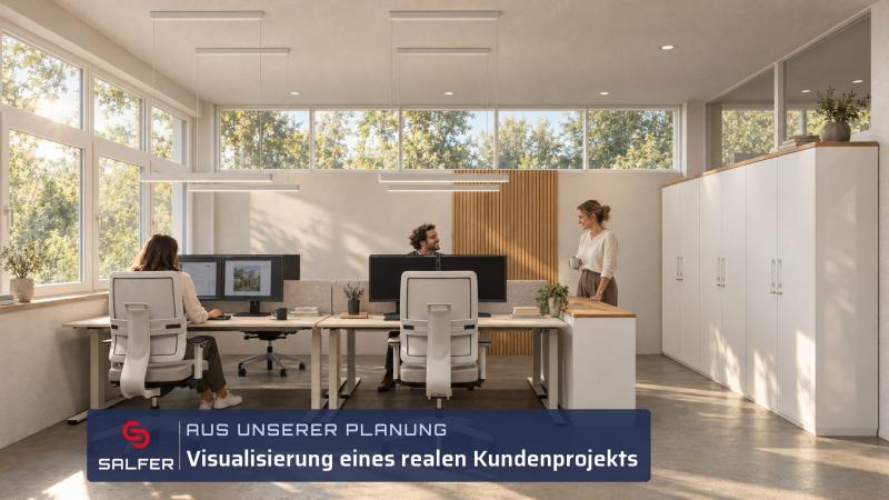 Büroplanung Visualisierung Büroarbeitsplätze mit Schrankwand