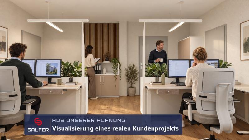 Büroplanung Visualisierung Einzelarbeitsplätze mit Stehleuchten