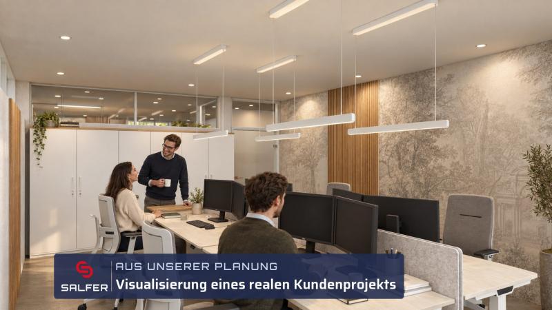 Büroplanung Visualisierung Teamarbeitsplätze mit Akustikpaneelen
