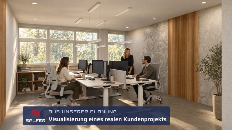 Büroplanung Visualisierung Teambüro mit höhenverstellbaren Schreibtischen Büroplanung Visualisierung Teambüro mit höhenverstellbaren Schreibtischen