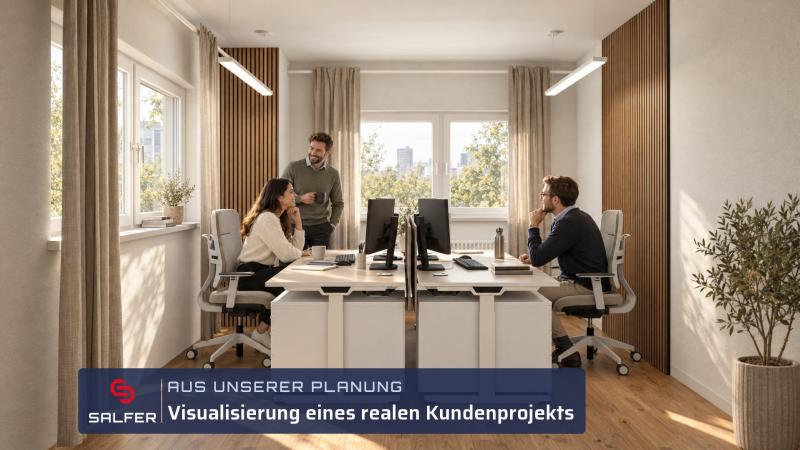 Büroplanung Visualisierung Viererarbeitsplatz mit höhenverstellbaren Tischen