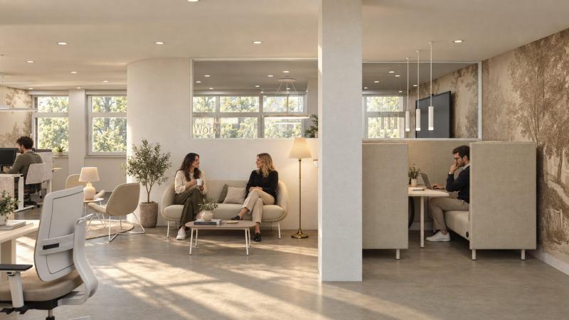 Büroplanung Visualisierung offene Bürolandschaft mit Lounge Büroplanung Visualisierung offene Bürolandschaft mit Lounge