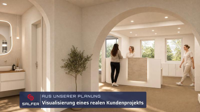 Büroplanung Visualisierung Empfangsbereich mit Theke