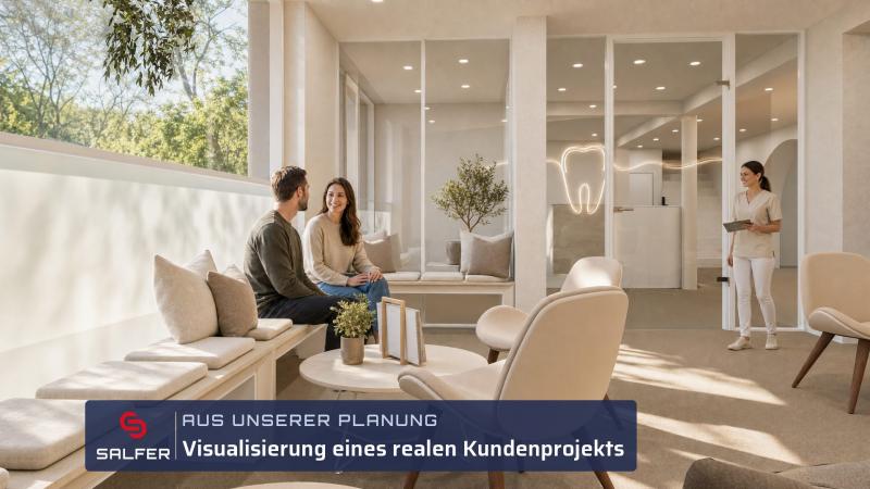 Büroplanung Visualisierung Wartebereich mit Sitzbank